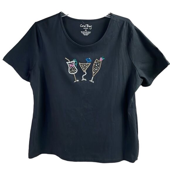 CORAL BAY Womens Plus Size 2X Scoop Neck Embellished Cocktails Graphic Top Black - Picture 2 of 6